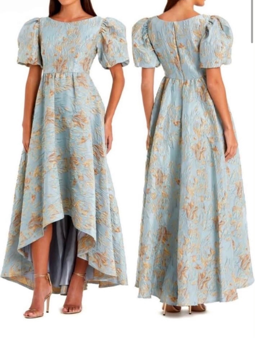 Mac Duggal Light Blue and Gold Puff-Sleeve High-Low Jacquard Gown